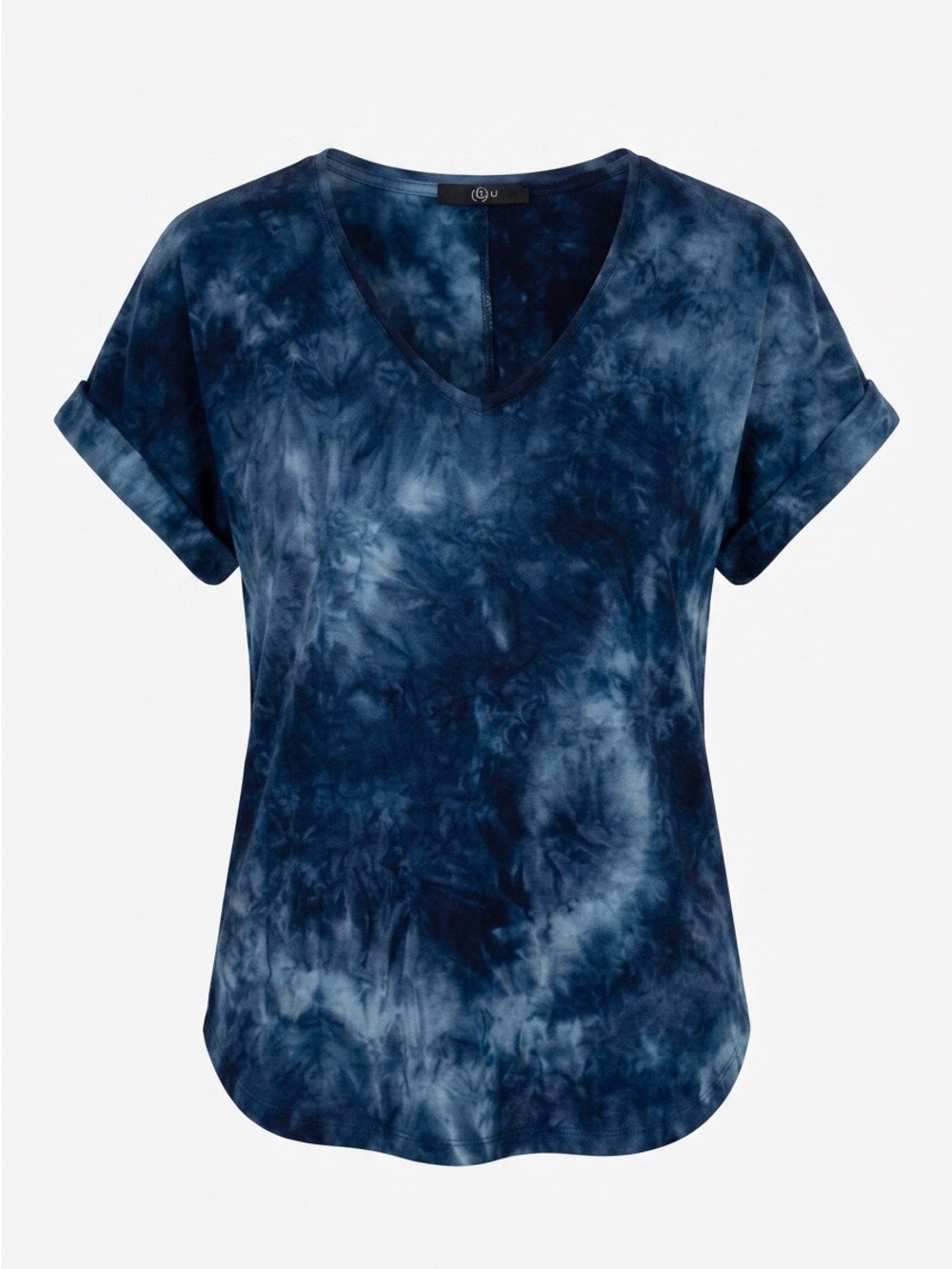 Women's Navy Tie-Dye V-Neck Tee with Rolled Sleeves